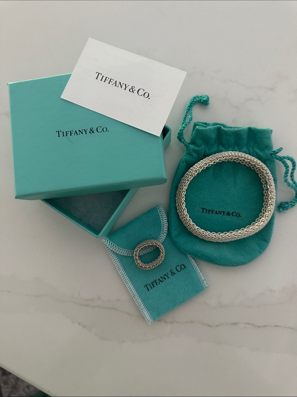 Tiffany & Co. Silver Woven Bracelet with Tiffany Blue Pouch and Tag